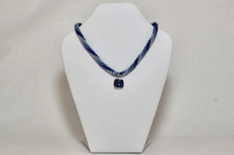 Blue and White Long Double Spiral Beaded Kumihimo with Blue Druzy Charm Necklace